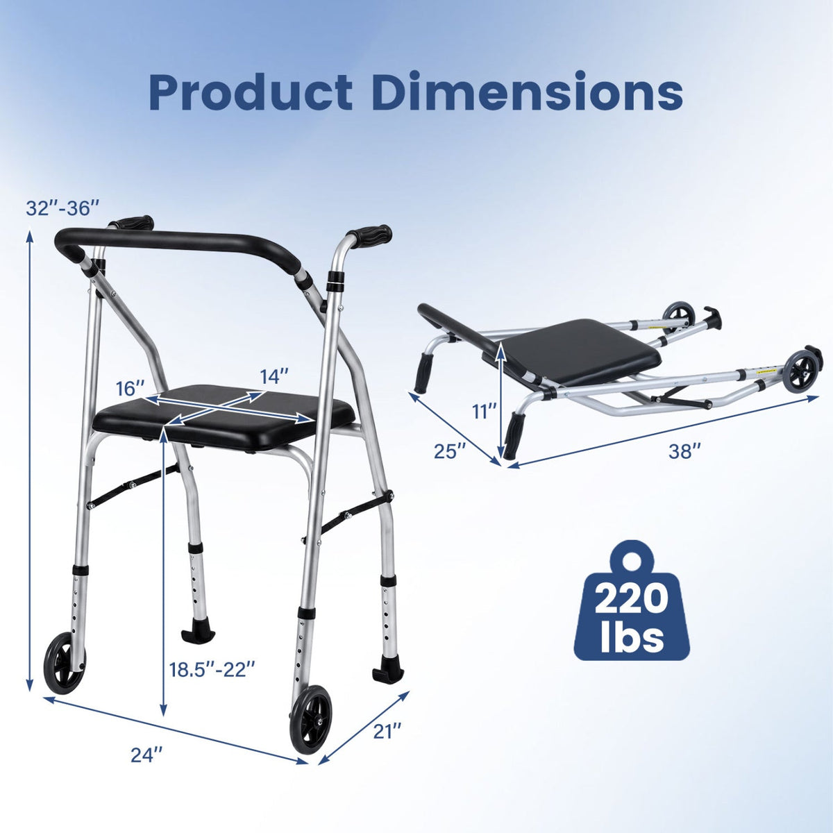 Lightweight 2-Wheel Mobility Walker with Padded Seat