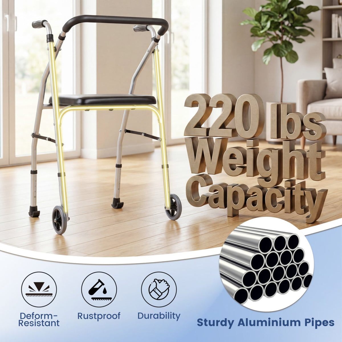 Lightweight 2-Wheel Mobility Walker with Padded Seat