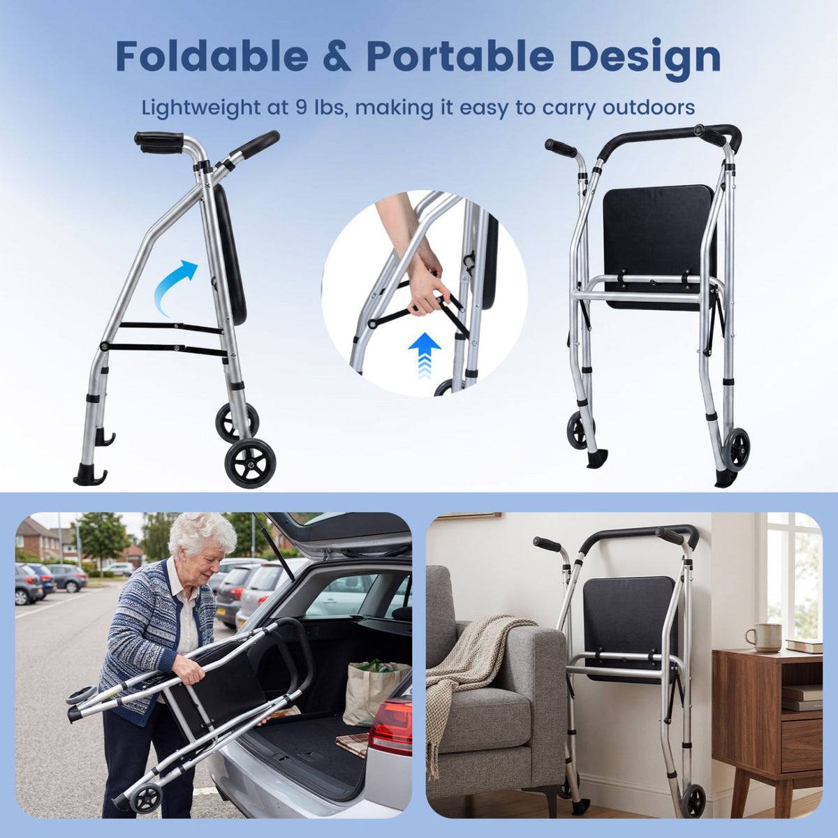 Lightweight 2-Wheel Mobility Walker with Padded Seat