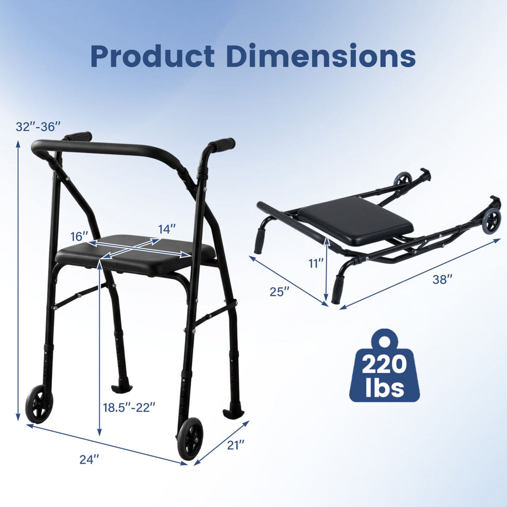 Lightweight 2-Wheel Mobility Walker with Padded Seat