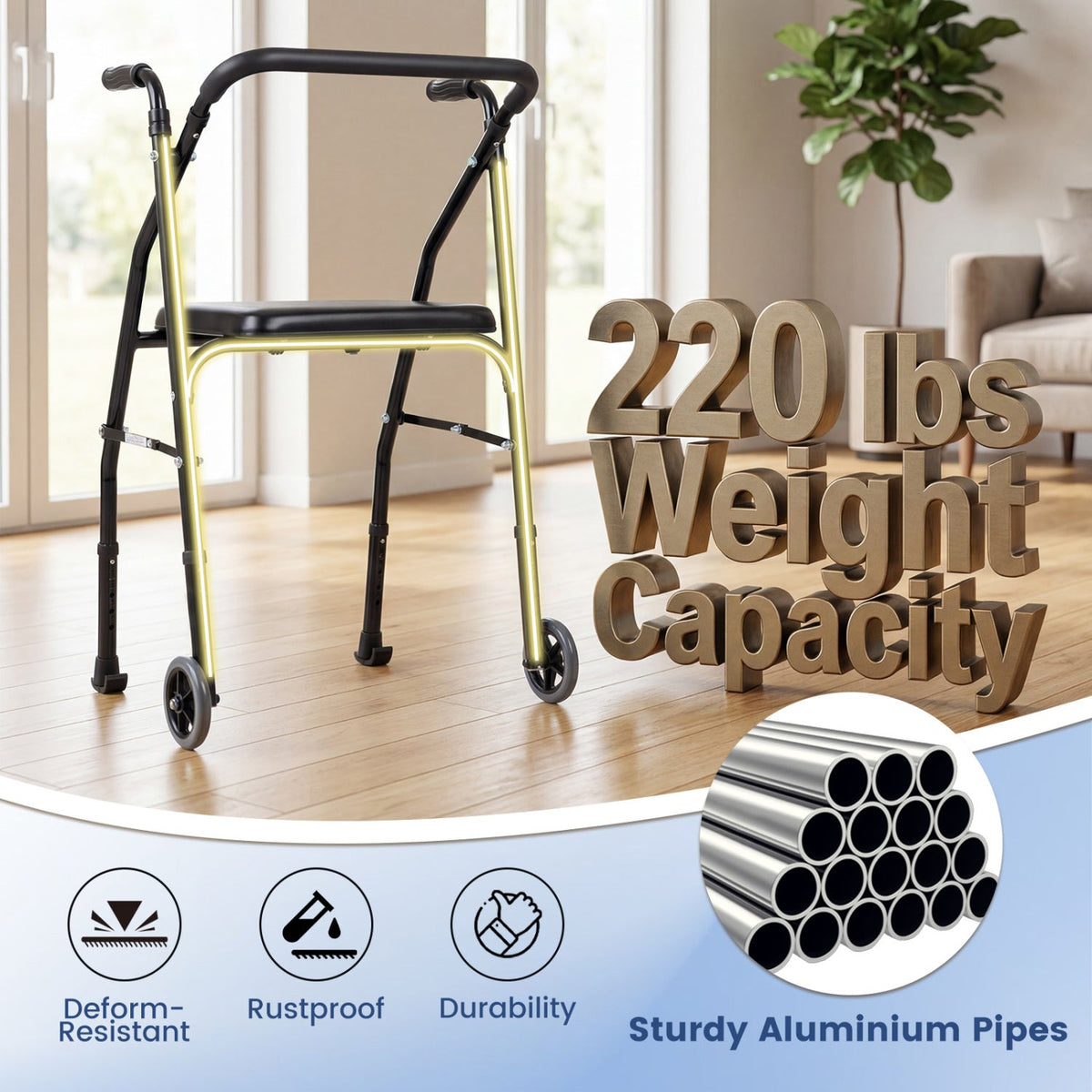 Lightweight 2-Wheel Mobility Walker with Padded Seat